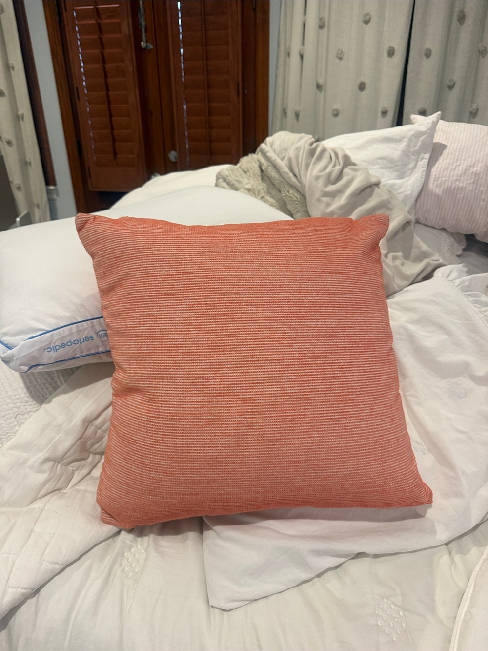 Anthropologie Coral-Orange Ribbed Square Pillow